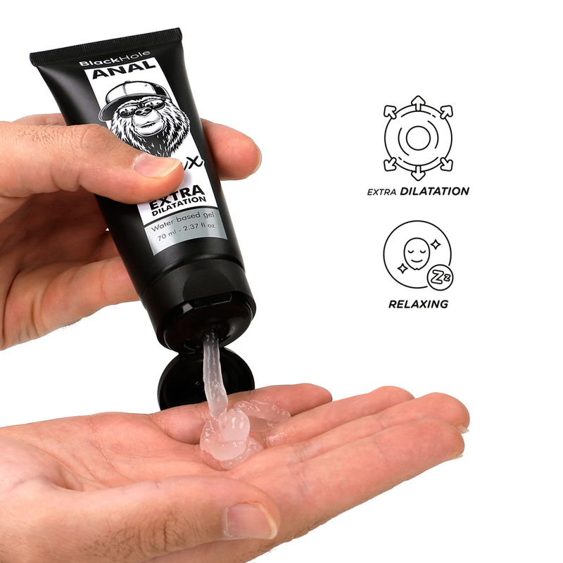 Gel dilatante anale BLACK HOLE a base d'acqua, flacone da 70 ml, con etichetta nera e dettagli del prodotto visibili.