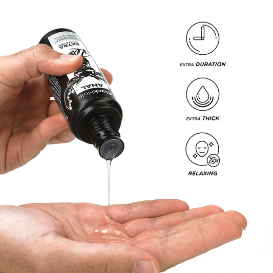 Gel di dilatazione anale BLACK HOLE in silicone da 100 ml, contenitore con etichetta nera e logo del marchio.