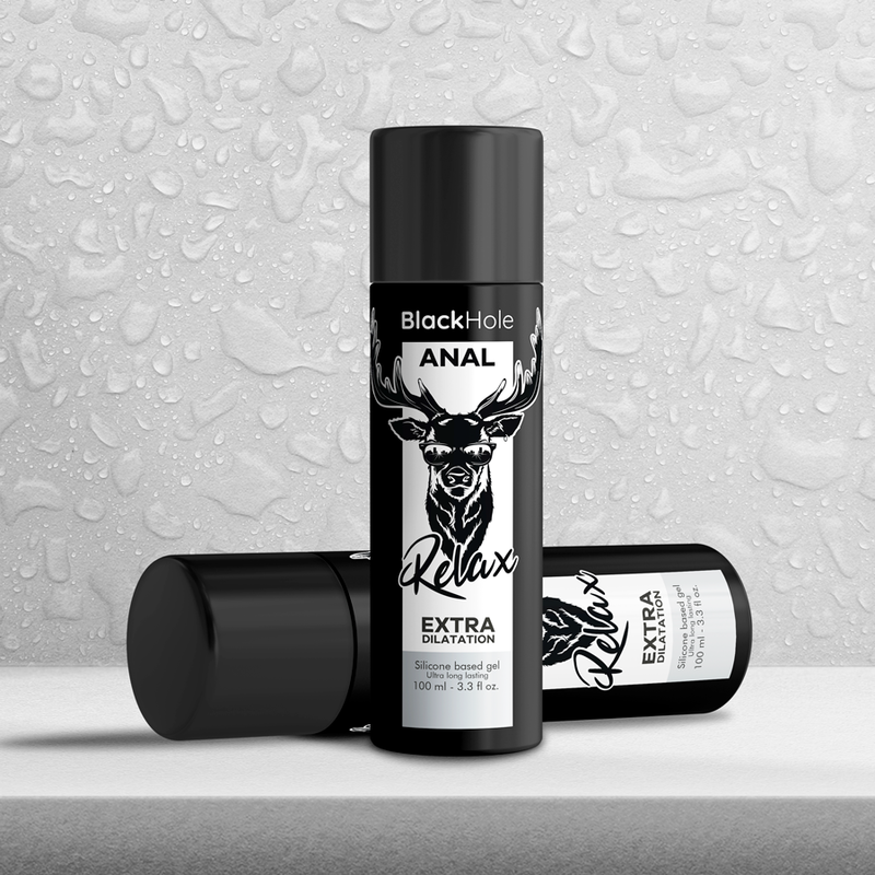 Gel di dilatazione anale Black Hole, silicone, 100 ml, bottiglia con etichetta nera e logo Black Hole visibile.