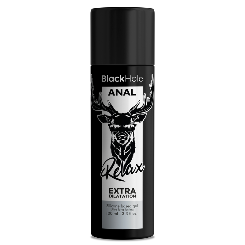 Gel di dilatazione anale Black Hole, silicone, 100 ml, confezione con tubo, etichetta nera e logo del marchio.