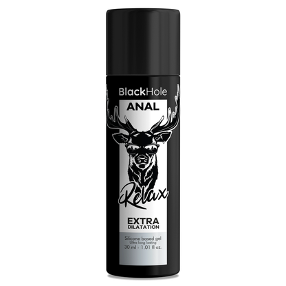 Gel di dilatazione anale BLACK HOLE a base di silicone, flacone da 30 ml, mostra il prodotto e il suo packaging nero.