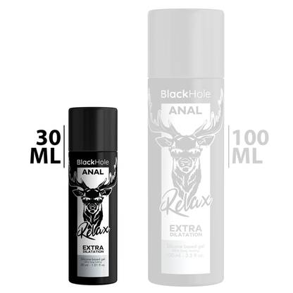 Gel di dilatazione anale BLACK HOLE a base di silicone, flacone da 30 ml con etichetta nera e dettagli del prodotto.