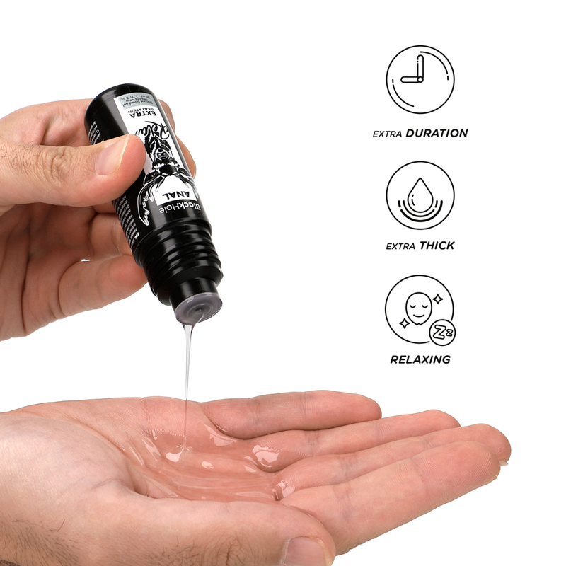Gel di dilatazione anale BLACK HOLE a base di silicone, 30 ml, confezione con tubo e etichetta nera.