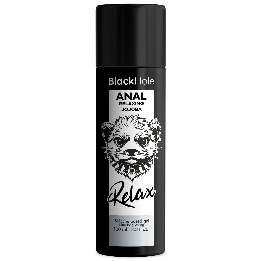 Gel rilassante anale BLACK HOLE con jojoba e silicone, bottiglia da 100 ml, morbido e confortevole.