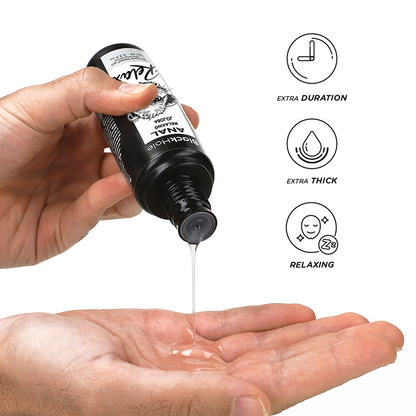 Gel lubrificante anal BLACK HOLE Relax Base Silicone con jojoba, 100 ml, bottiglia con etichetta nera e logo BLACK HOLE