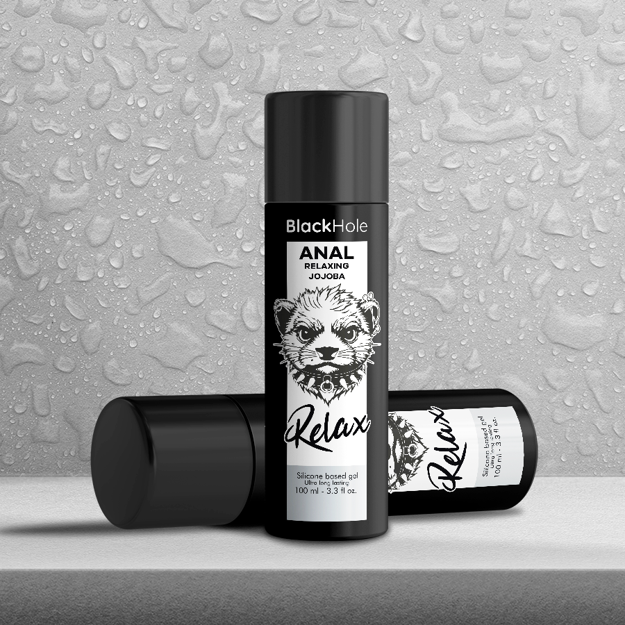 Gel anale rilassante BLACK HOLE con jojoba e base in silicone, 100 ml, mostra il contenitore e l'etichetta del prodotto