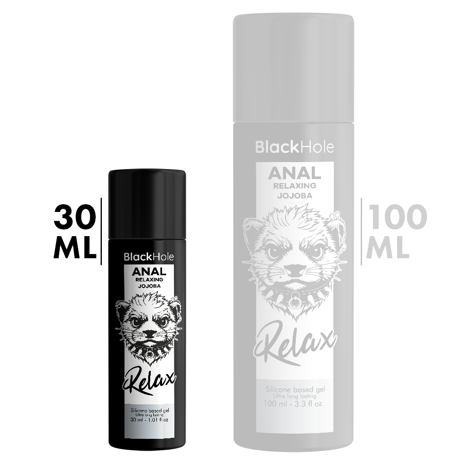 Gel anale rilassante Black Hole con jojoba, base in silicone da 30 ml, con confezione con dettagli neri e etichetta.