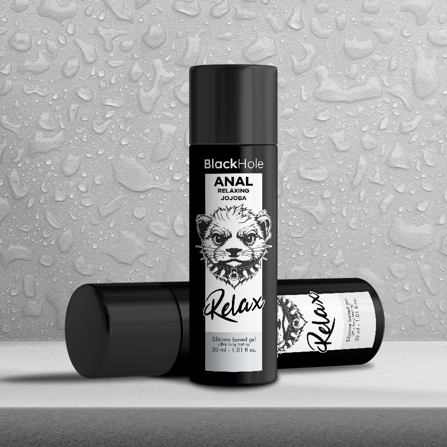 Gel anal relaxante BLACK HOLE alla jojoba, base in silicone da 30 ml, con texture morbida e naturale.