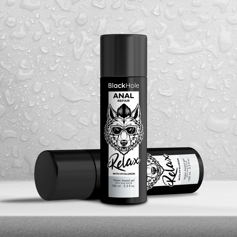Riparatore anale Black Hole Relax con ialuronico, soluzione idratante e lenitiva, 100 ml, visibile nella confezione del prodotto.
