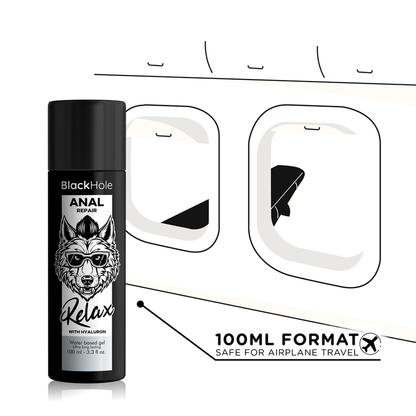 Riparatore anale Black Hole Relax con ialuronico, prodotto a base d'acqua, bottiglia da 100 ml, trattamento idratante e lenitivo