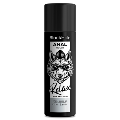 Riparatore anale relax con ialuronico BLACK HOLE, crema idratante a base d'acqua da 100 ml visibile in immagine.