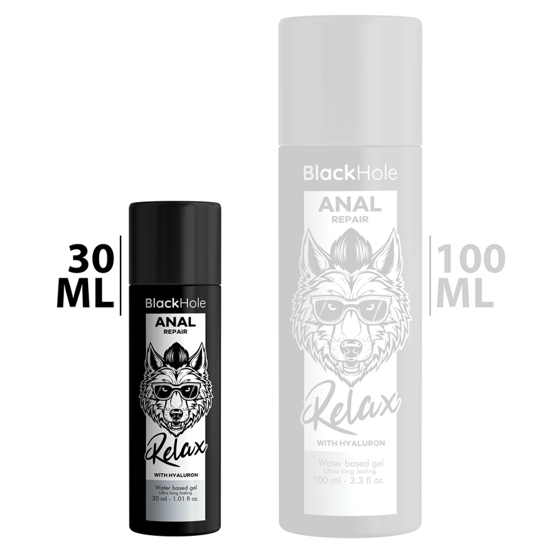 Riparatore anale relax con ialuronico BLACK HOLE, soluzione a base d'acqua da 30 ml, cura e idrata la zona anale.
