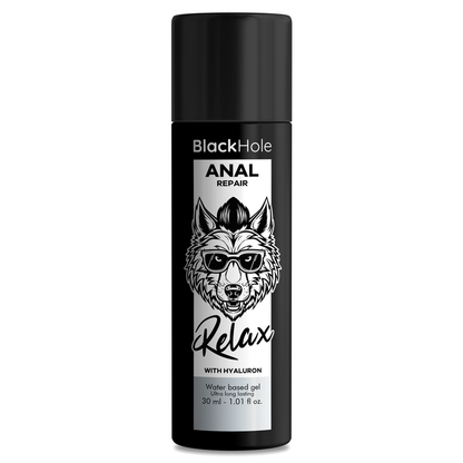 Riparatore anale a base d'acqua BLACK HOLE con ialuronico, confezione da 30 ml, trattamento delicato e idratante per la zona anale.