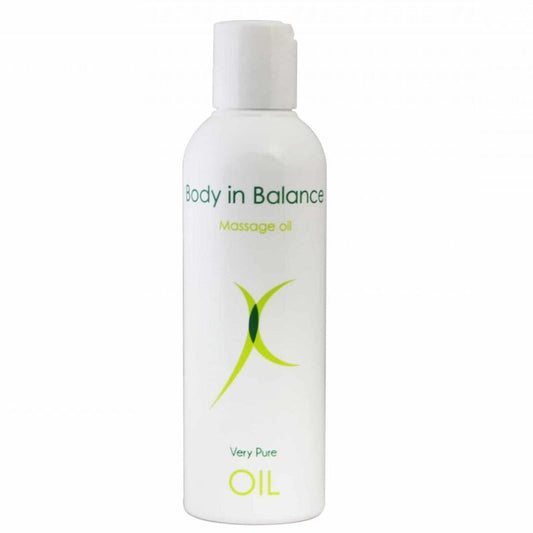 Olio intimo corpo BODY IN BALANCE, 200 ml, bottiglia con etichetta bianca e flacone in plastica trasparente.