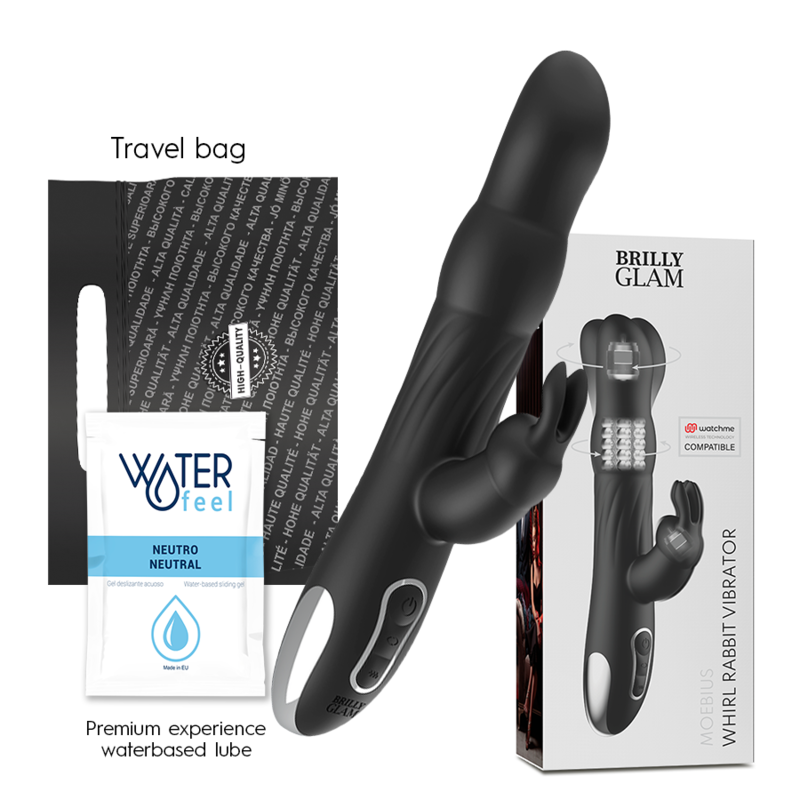 Vibratore e rotatore coniglio BRILLY GLAM Moebius, compatibile con tecnologia wireless WatchMe, colore rosa e design ergonomico.
