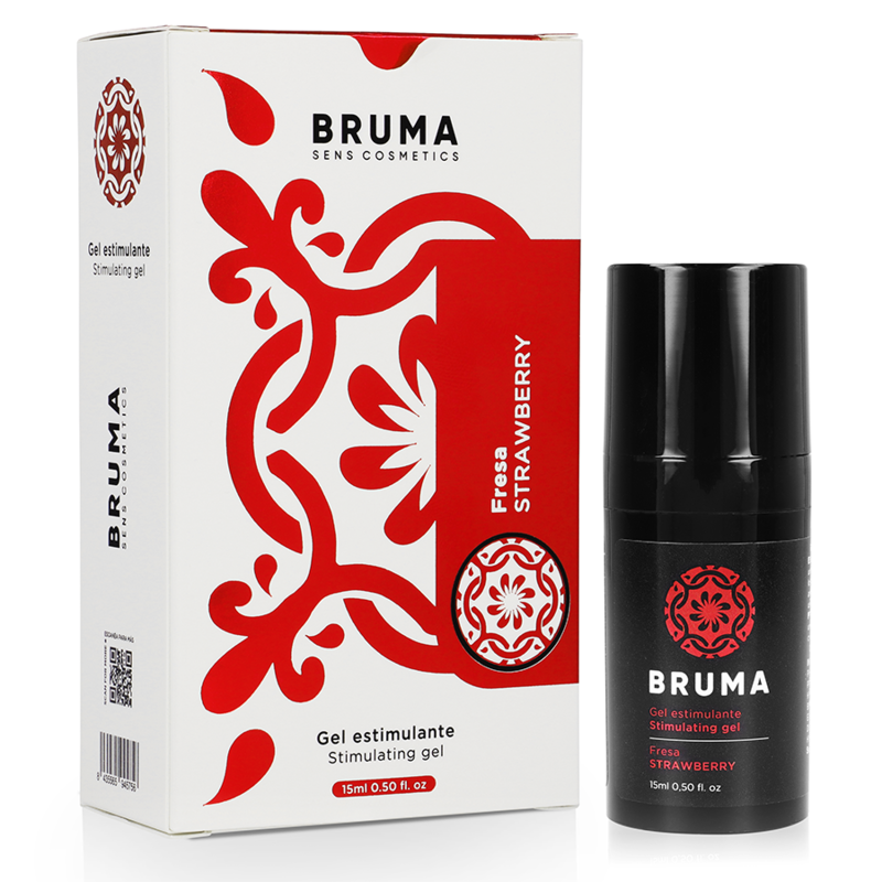 Balsamo intensificante al gusto fragola BRUMA, 15 ml, con confezione visibile e etichetta con dettagli del prodotto