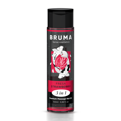 Olio da massaggio BRUMA effetto calore sapore fragola, 100 ml, bottiglia con etichetta e tappo, prodotto per massaggi e relax