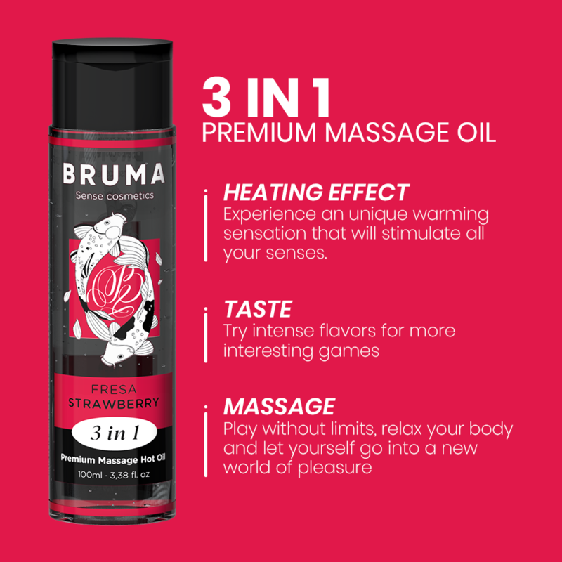 Olio da massaggio premium BRUMA effetto calore con aroma fragola, bottiglia da 100 ml, ideale per massaggi rilassanti e sensoriali