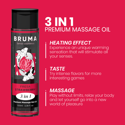 Olio da massaggio premium BRUMA effetto calore con aroma fragola, bottiglia da 100 ml, ideale per massaggi rilassanti e sensoriali