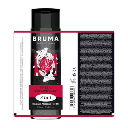 Olio da massaggio BRUMA effetto calore fragola, 100 ml, bottiglia con etichetta e tappo, prodotto per massaggi 3 in 1
