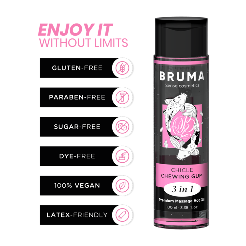 Olio da massaggio BRUMA 3 in 1 con effetto calore, sapore gomma, bottiglia da 100 ml, ideale per massaggi rilassanti.