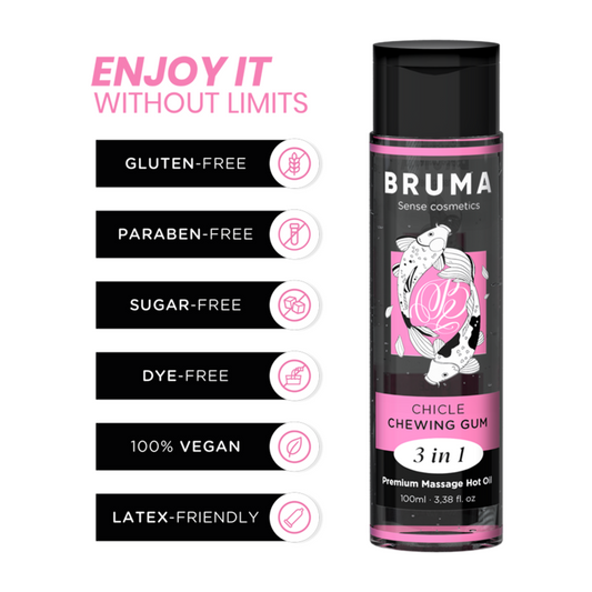 Olio da massaggio BRUMA 3 in 1 con effetto calore, sapore gomma, bottiglia da 100 ml, ideale per massaggi rilassanti.