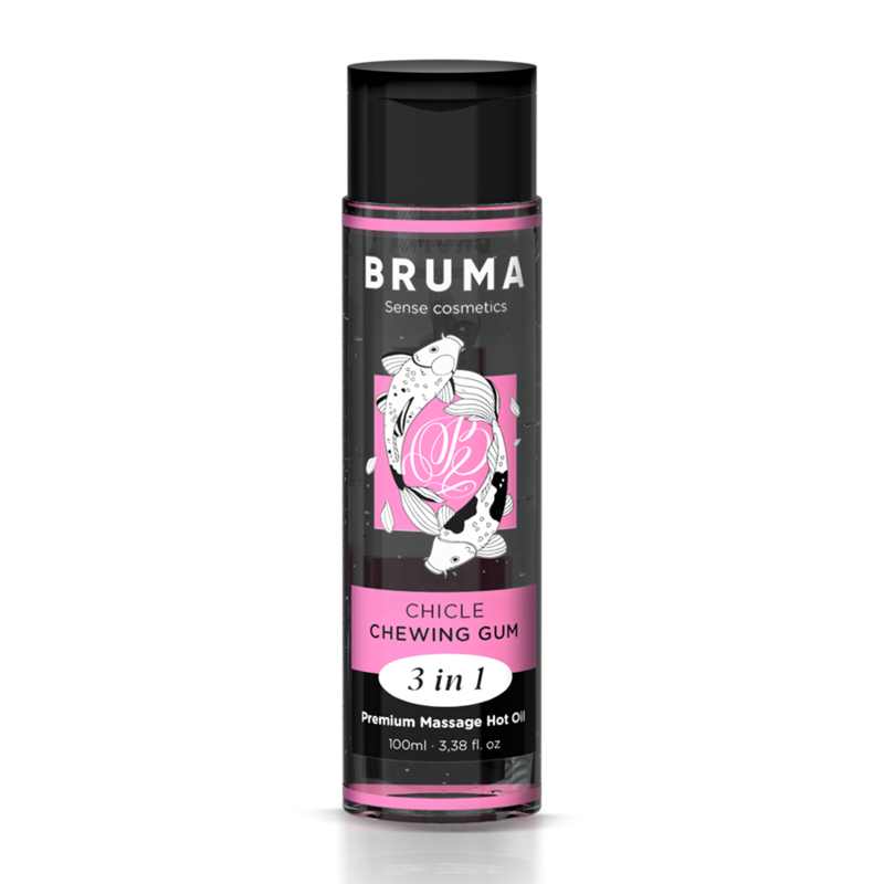 Olio da massaggio BRUMA Premium effetto calore, sapore gomma, 3 in 1, bottiglia da 100 ml con etichetta colorata