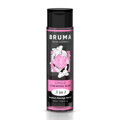 Olio da massaggio BRUMA Premium effetto calore, sapore gomma, 3 in 1, bottiglia da 100 ml con etichetta colorata