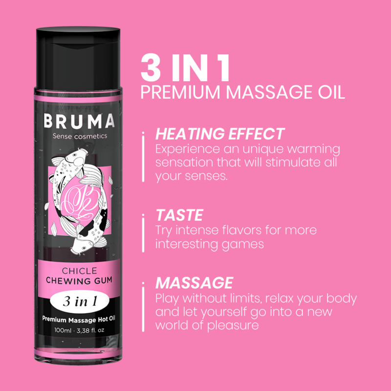 Olio da massaggio BRUMA 3 in 1 con effetto calore e aroma di gomma, bottiglia da 100 ml, ideale per massaggi rilassanti.