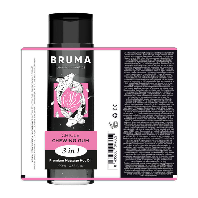 Olio da massaggio BRUMA Premium effetto calore e sapore gomma, 100 ml, bottiglia con etichetta e tappo.