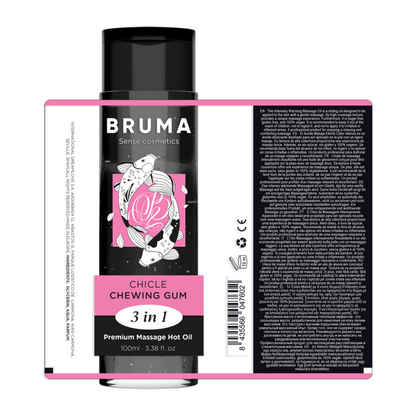 Olio da massaggio BRUMA Premium effetto calore e sapore gomma, 100 ml, bottiglia con etichetta e tappo.