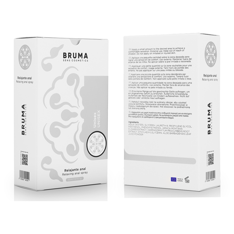 Spray anale rilassante unisex BRUMA da 30 ml, flacone con spray e etichetta blu, visibile in primo piano.