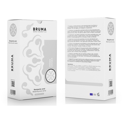 Spray anale rilassante unisex BRUMA da 30 ml, flacone con spray e etichetta blu, visibile in primo piano.