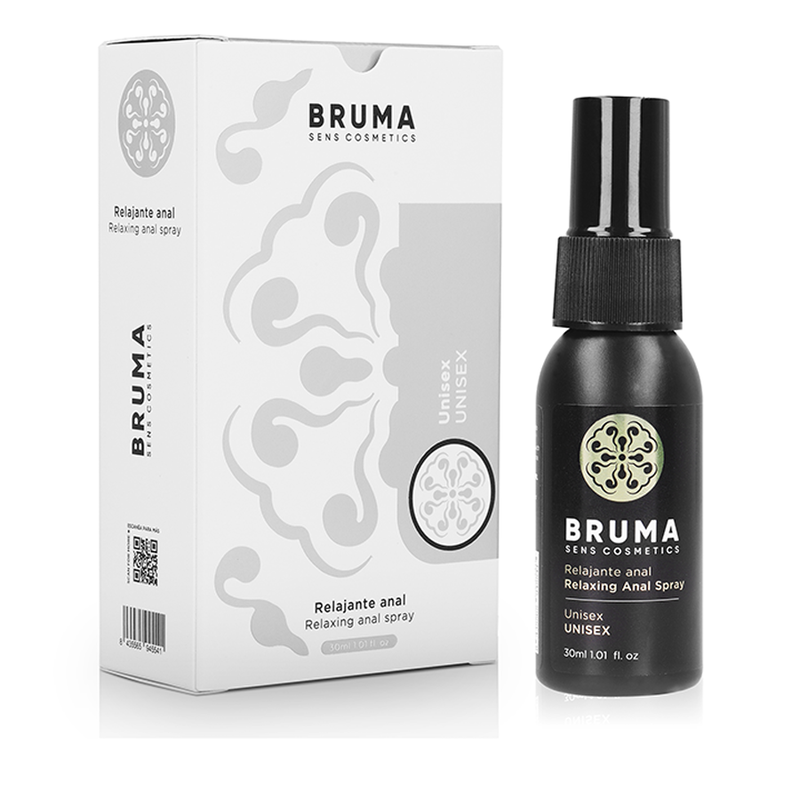Spray anale rilassante unisex BRUMA da 30 ml, flacone con spray e etichetta bianca, ideale per relax e comfort.