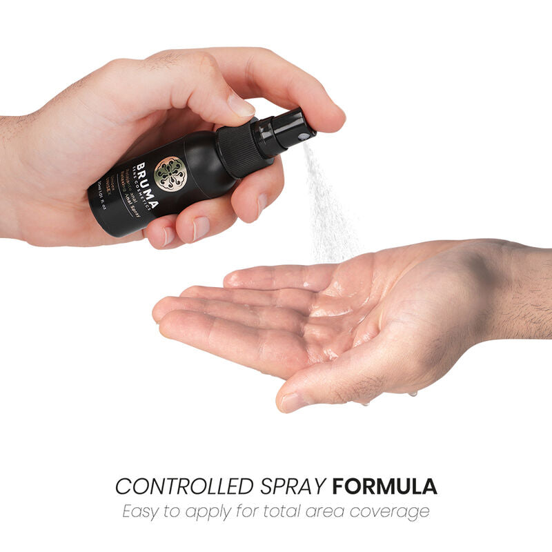 Spray anale rilassante unisex BRUMA da 30 ml con spray facile da usare, visibile nella bottiglia con etichetta bianca e blu.