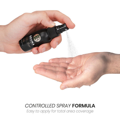 Spray anale rilassante unisex BRUMA da 30 ml con spray facile da usare, visibile nella bottiglia con etichetta bianca e blu.