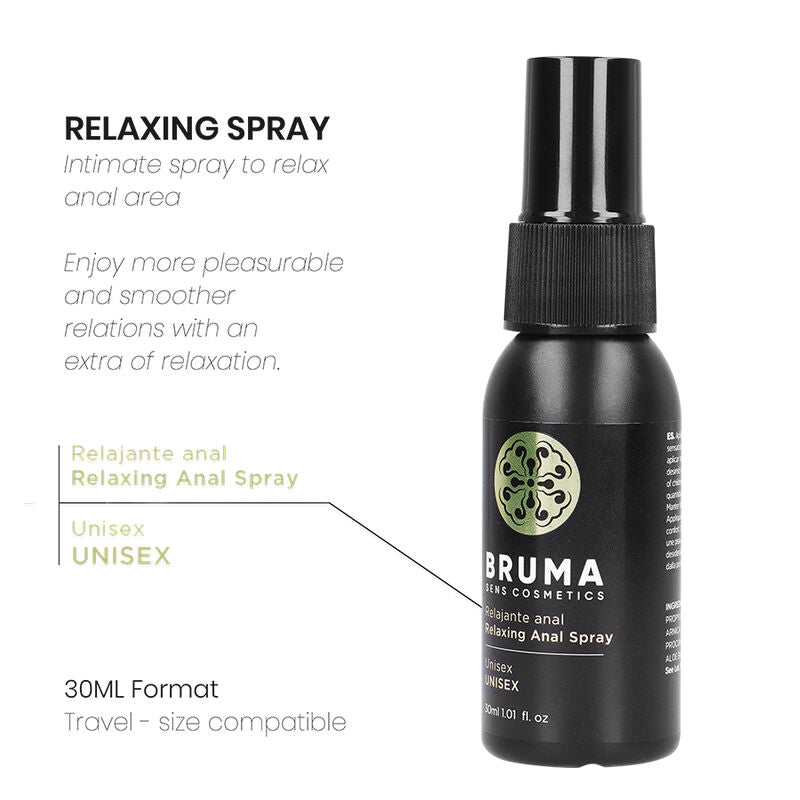 Spray anale rilassante unisex BRUMA da 30 ml, flacone con etichetta e spray, per il comfort e il rilassamento.