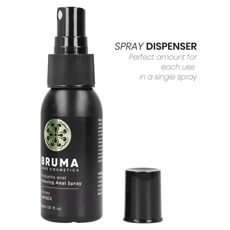 Spray anale rilassante unisex BRUMA da 30 ml, flacone con etichetta e spray pronto all'uso, per il comfort anale.