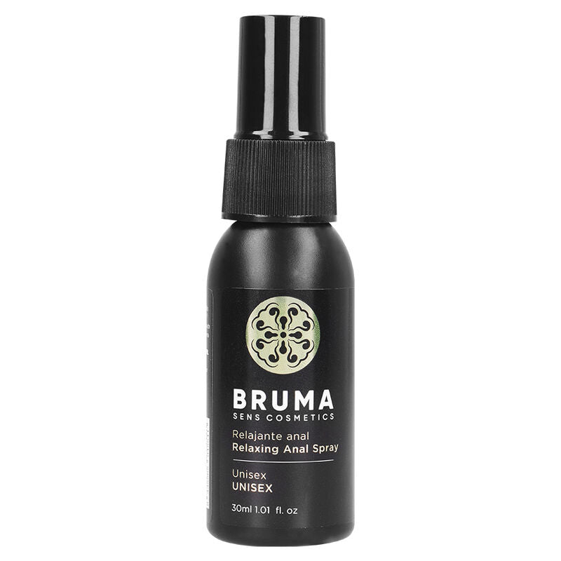 Spray anale rilassante unisex BRUMA da 30 ml, bottiglia con spray, etichetta bianca e blu, visibile in primo piano.