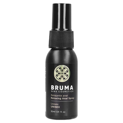 Spray anale rilassante unisex BRUMA da 30 ml, bottiglia con spray, etichetta bianca e blu, visibile in primo piano.