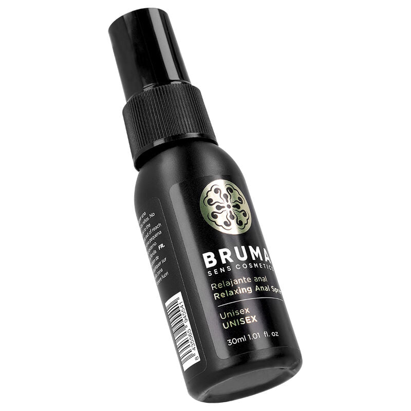 Spray anale rilassante unisex BRUMA da 30 ml, flacone con spray e etichetta bianca, ideale per il relax e il comfort.