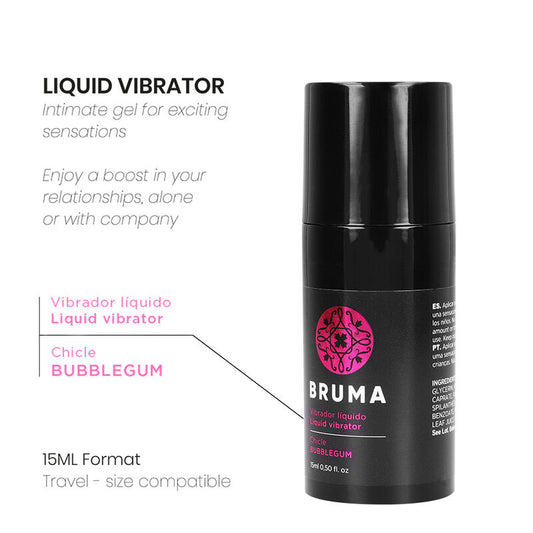 Vibratore liquido Bubblegum BRUMA, ultra scorrevole, 15 ml, bottiglia con etichetta rosa e dettagli di prodotto.