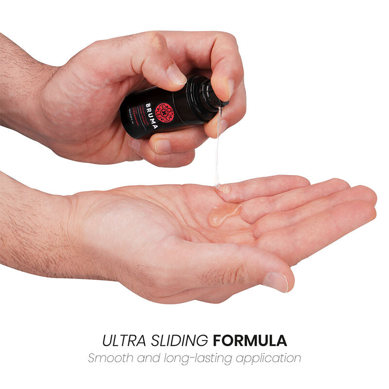 Vibratore liquido ultra scorrevole al gusto fragola BRUMA, bottiglia da 15 ml con etichetta e dettagli del prodotto