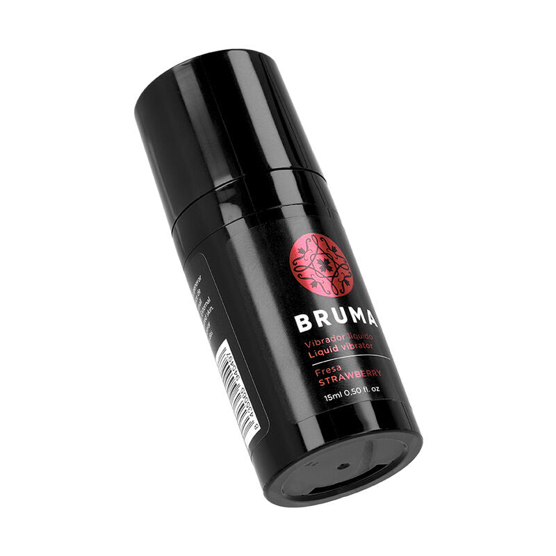 Vibratore liquido ultra scorrevole Fragola BRUMA da 15 ml, bottiglia con etichetta rosa e dettagli del prodotto.