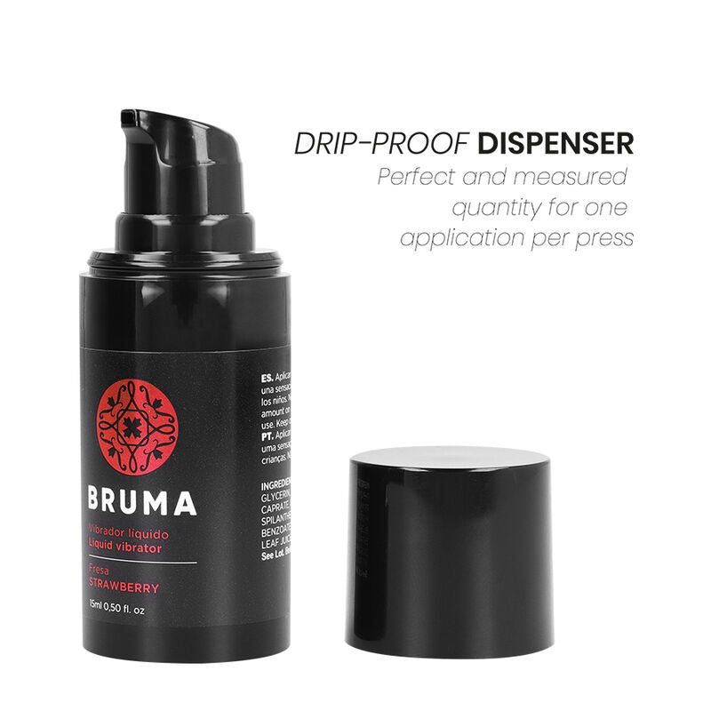 Vibratore liquido ultra scorrevole Fragola BRUMA in flacone da 15 ml, con etichetta e chiusura.