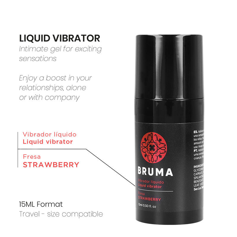 Vibratore liquido ultra scorrevole al gusto fragola BRUMA, bottiglia da 15 ml con etichetta colorata e dettagli del prodotto