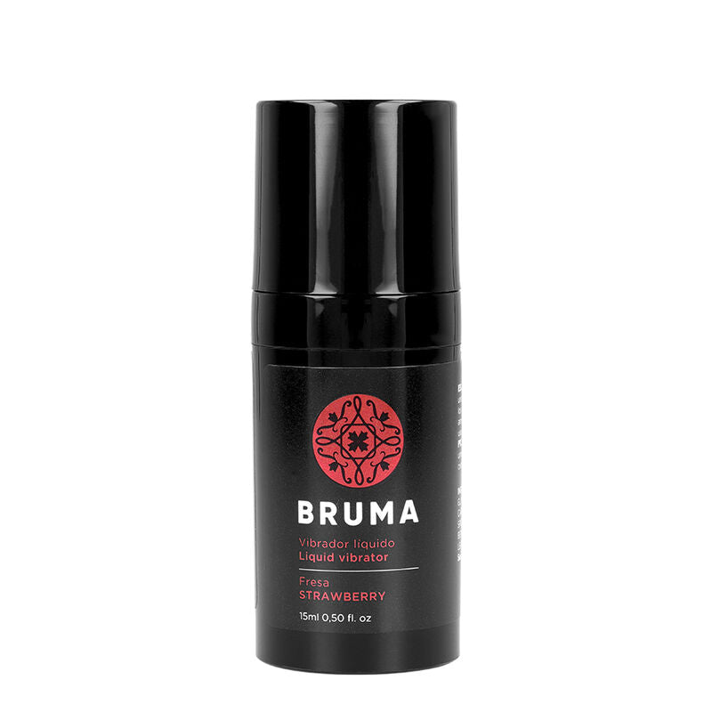Vibratore liquido ultra scorrevole alla fragola di BRUMA, flacone da 15 ml con etichetta colorata e tappo.