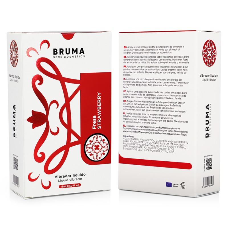 Vibratore liquido ultra scorrevole alla fragola di BRUMA, bottiglia da 15 ml con etichetta colorata e tappo nero.