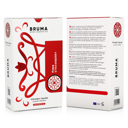 Vibratore liquido ultra scorrevole alla fragola di BRUMA, bottiglia da 15 ml con etichetta colorata e tappo nero.