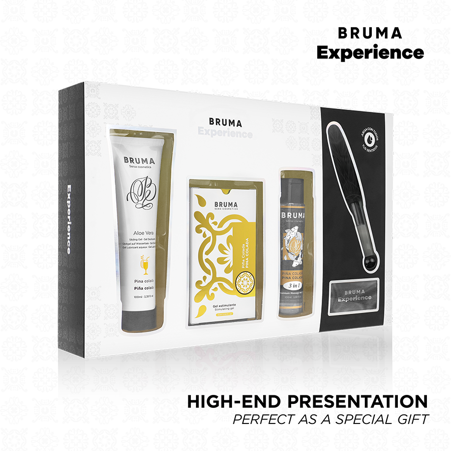 Bruma Xperience pacco tentazione Pina Colada con potenziatore di orgasmo, confezione con prodotti per il piacere.